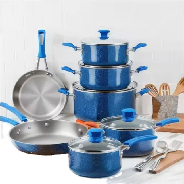 Kilpailukykyinen keittoastiasetti grillipannulla, 13 osaa keittoastiasetti Merkkimerkillä varustettu kaksoisgraniittipäällysteinen keittoastiasetti